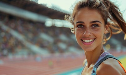 Portrait of a happy athlete woman running in a stadium. The concept of outdoor sport, exercise or training for a healthy life. 