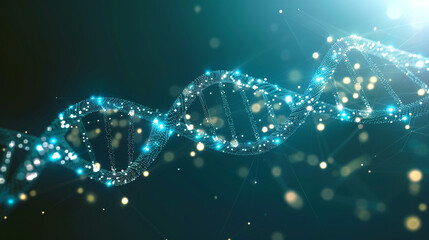 An image of a digital DNA strand, with connected dots forming the double helix structure on a glowing blue background, illustrating the intersection of biology and technology.
