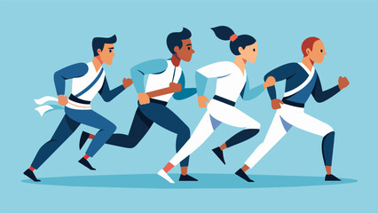 Fototapeta premium A group of martial artists jogging in place gradually increasing their speed and intensity to raise their heart rate and warm up their bodies.