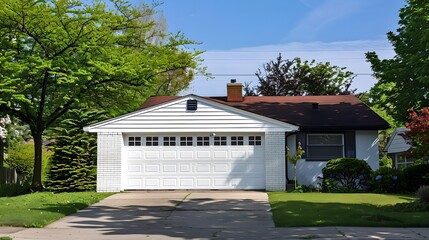 Suburban Dream in Sunny Weather. Cozy Single-Family Home with Lush Greenery. Real Estate, Residential, Tranquil. AI