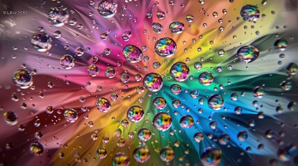 A macro photograph capturing a radial explosion of rainbow hues, artfully blurred behind a meticulously arranged pattern of crystal-clear water droplets on a glass pane. 