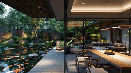 Zen dining area with simple yet elegant furniture, soft overhead lighting, and views of a tranquil outdoor koi pond. Generative AI.