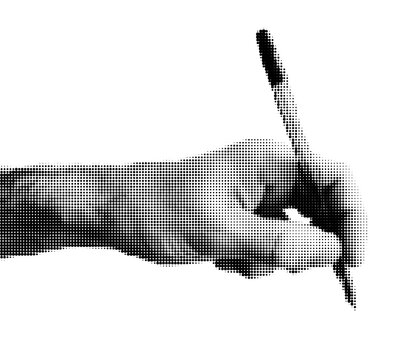 Halftone dotted male writing hand with a pen. Vector textured male arm for trendy y2k retro collage