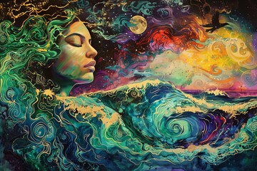 A vividly colorful painting of a beautiful woman amidst mystical waves at night, featuring iridescent hues that capture the melting beauty of the universe