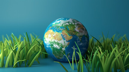 3D illustration of Earth surrounded by green grass on blue background, World environment day concept