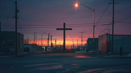 Show the cross in a urban setting, with buildings and streetlights glowing in the twilight as the sun sets in the distance.