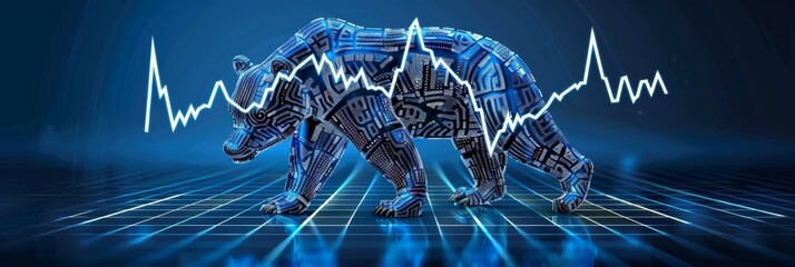 Dynamic bear market rebound with vibrant blue charts in sunrise light, viewed from a downward angle