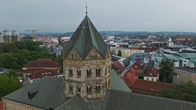 Aerial drone view of Dom St. Petrus in Osnabr&uuml;ck, Germany. St. Peter's Cathedral serves as the cathedral of the Roman Catholic Diocese of Osnabr&uuml;ck. 