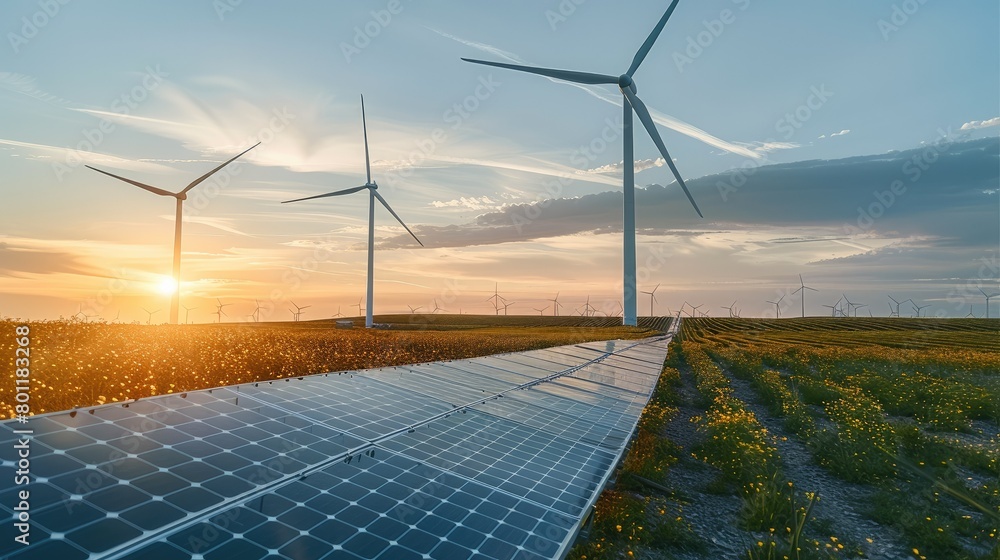 Poster a wind turbines and solar cells on a meadow. generative ai.