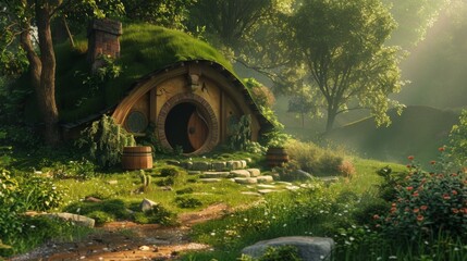 Landscape with hobbit house in the county, fantasy and fiction concept - obrazy, fototapety, plakaty