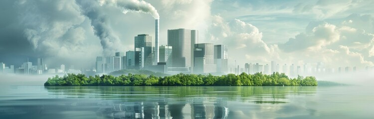 Fototapeta premium Futuristic Cityscape with Green Island and Pollution.