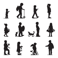 set of silhouettes of people with different activities on a white background
