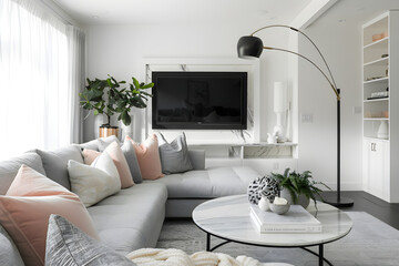 Tasteful Minimalism: Cozy Contemporary Living Room with Chic Grey & Blush Accents