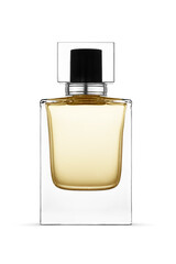 Square perfume bottle with black cap filled yellow-colored fragrance isolated. Front view. Transparent PNG image.