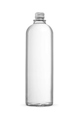Purified water in clean glass bottle isolated. Closed with am aluminum screw cap. Transparent PNG image.