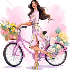 Woman in pink dress rides pink bicycle with flowers in basket - obrazy, fototapety, plakaty
