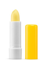 Open yellow lip balm isolated. Colorless protective lipstick. Transparent PNG image.