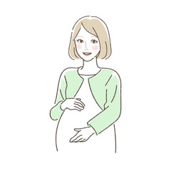 Illustration of pregnant woman touching her belly happily.
