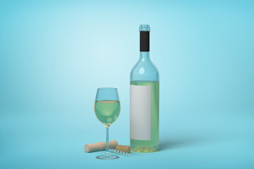 White wine glass beside bottle and cork