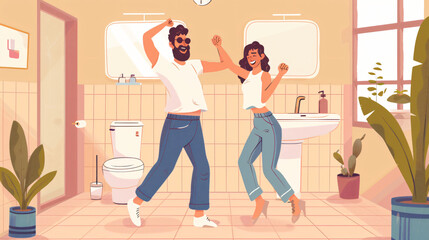 Happy young couple dancing in bathroom at home