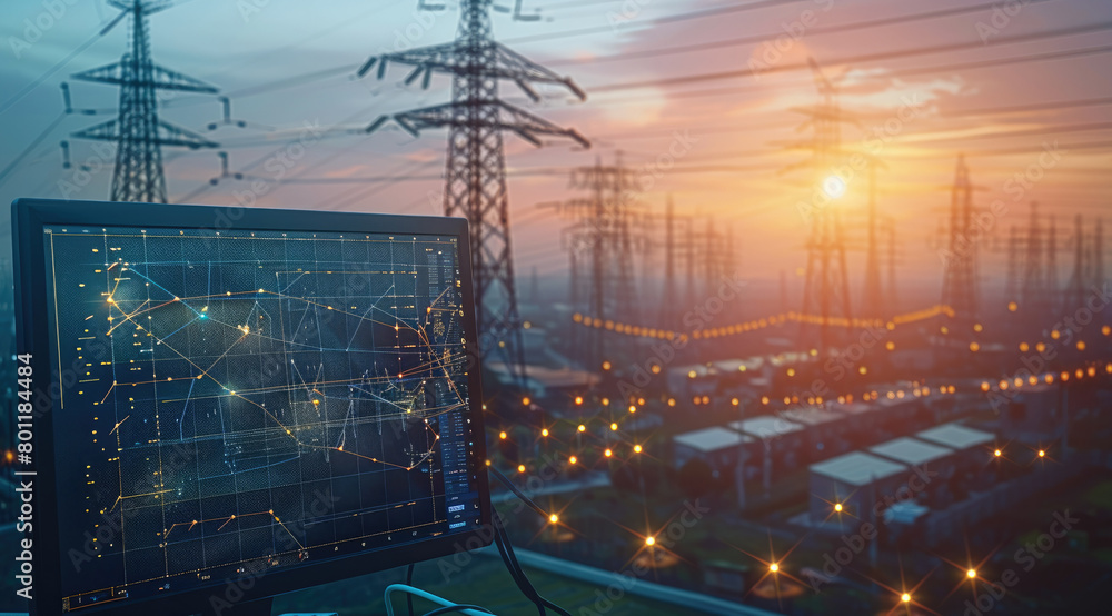 Poster Computer with electrical project on the screen, cad software engineer project lines flying above and cad software on screen, electricity towers and solar panels in the background. Generative AI.