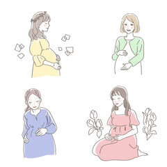 Illustration set of pregnant woman touching her belly happily.
