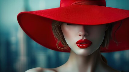 Beautiful Woman model with an elegant red round hat is enchanting AI generated image