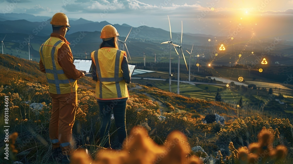 Poster A team of renewable energy engineers working amidst a landscape dotted with wind turbines and solar panels. consulting data on laptop with holographic analytics floating in the air. Generative AI.