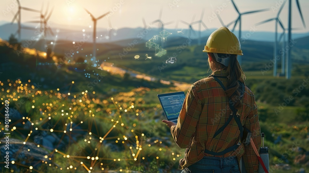 Poster A team of renewable energy engineers working amidst a landscape dotted with wind turbines and solar panels. consulting data on laptop with holographic analytics floating in the air. Generative AI.