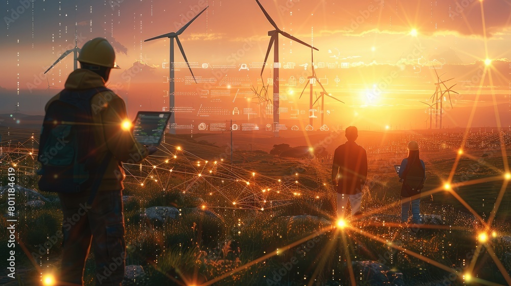 Poster A team of renewable energy engineers working amidst a landscape dotted with wind turbines and solar panels. consulting data on laptop with holographic analytics floating in the air. Generative AI.