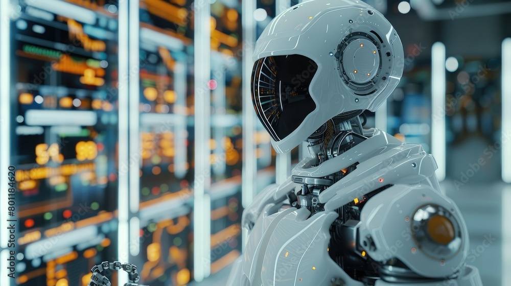 Poster Trading robot standing and analyzing a crypto trading chart, symbolizing the integration and use of artificial intelligence for stock market analysis. Generative AI.