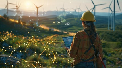 A team of renewable energy engineers working amidst a landscape dotted with wind turbines and solar panels. consulting data on laptop with holographic analytics floating in the air. Generative AI.