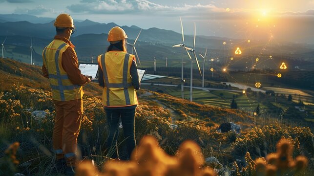 A team of renewable energy engineers working amidst a landscape dotted with wind turbines and solar panels. consulting data on laptop with holographic analytics floating in the air. Generative AI.