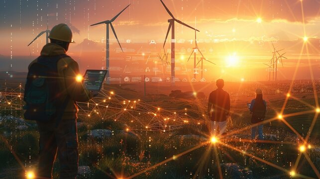 A team of renewable energy engineers working amidst a landscape dotted with wind turbines and solar panels. consulting data on laptop with holographic analytics floating in the air. Generative AI.