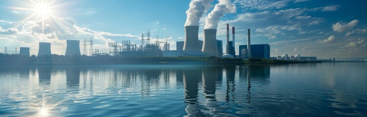 Power Plant on Waterfront Under Sunlit Sky.
