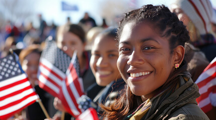Young african american woman smiling, holding American flags at outdoor event.