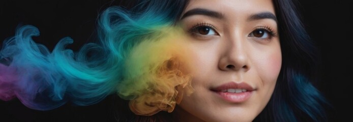  Double exposure woman portrait with vivid rainbow color smoke for positive mindset and creative state of mind and psychology concept. Meditative and men