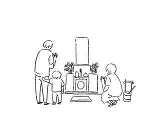 お墓に手を合わせる男女と子供、手桶と柄杓、墓参り、線画