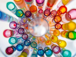 Close-up view showcasing an array of multicolored test tubes from a unique perspective.