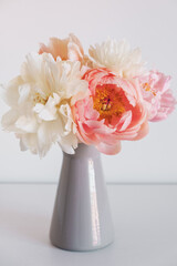 Beautiful fresh colorful peony flowers in full bloom in vase. Floral still life with blooming peonies.