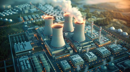 Aerial view of nuclear generators connected to a clean energy power grid where each energy source is a different color, 3d rendered isometric. Generative AI.