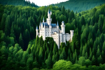 fairytale castle in forest - obrazy, fototapety, plakaty