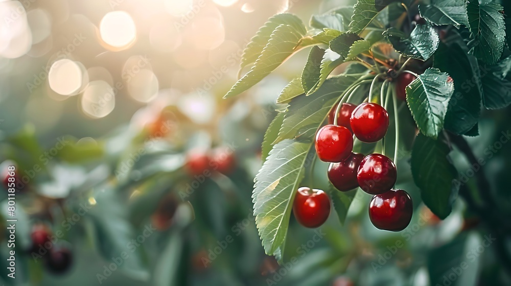 Poster Ripe red cherries hanging on a sunny day. Fresh cherry berries on the tree. Nature's bounty in summer. Healthy organic fruit. Close-up of cherry orchard produce. AI