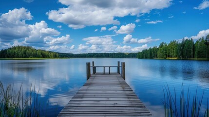 Landscape with a long wooden pier with chairs for fishing and relaxing enjoying the lake view