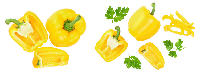 yellow sweet bell pepper isolated on white background. Top view. Flat lay