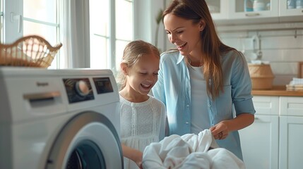 A mother and daughter doing laundry, laughing together in the room with a washing machine. Generative AI.