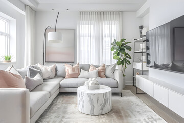 Tasteful Minimalism: Cozy Contemporary Living Room with Chic Grey & Blush Accents