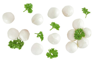 Mini mozzarella balls with parsley isolated on white background. Top view. Flat lay.