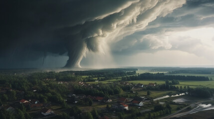 Aerial view of huge tornado in countryside city