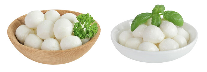 Mini mozzarella balls with parsley in a wooden and ceramic bowl isolated on white background with full depth of field.
